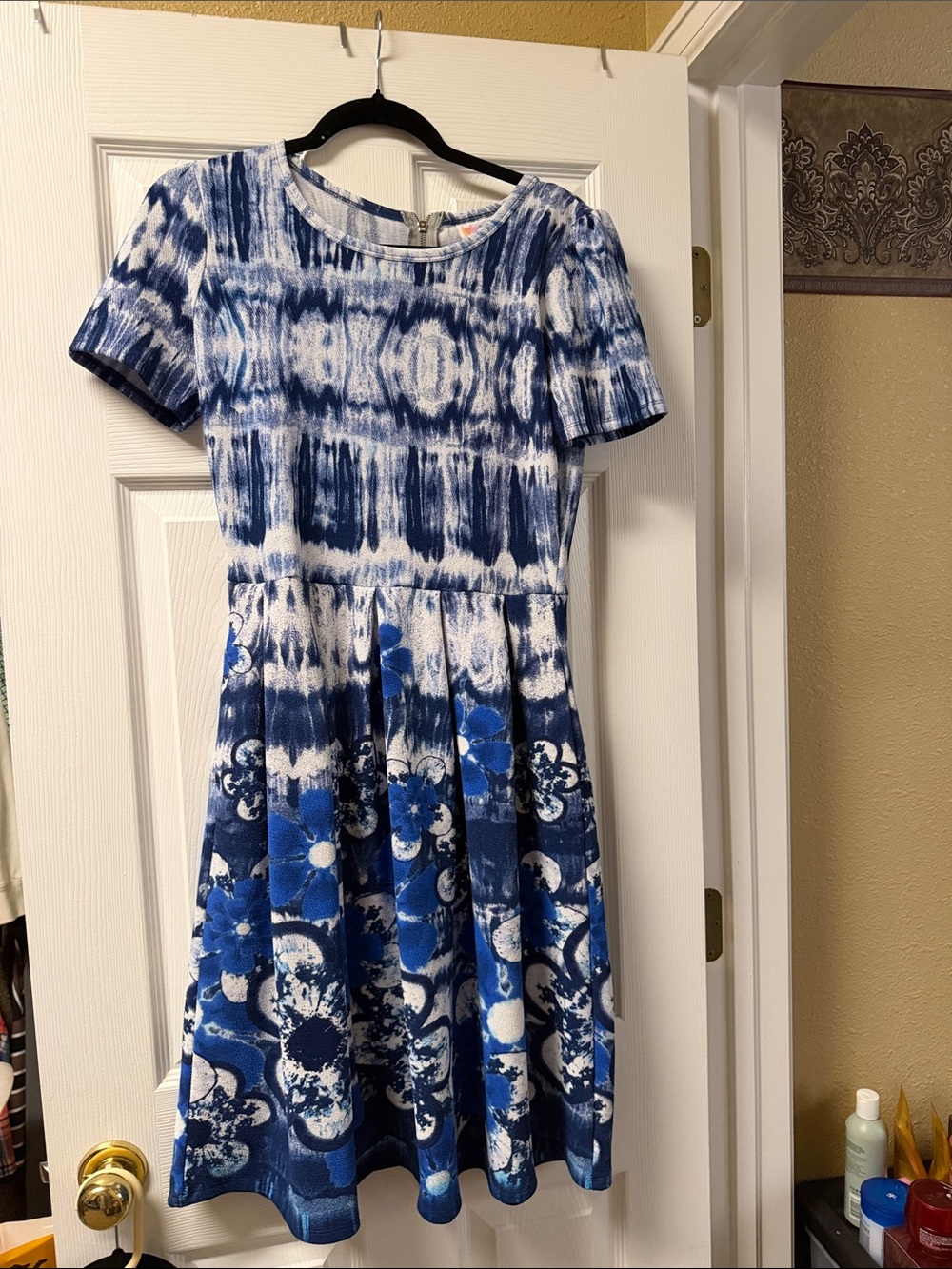 LuLaRoe Blue and White Tie-Dye Floral Dress